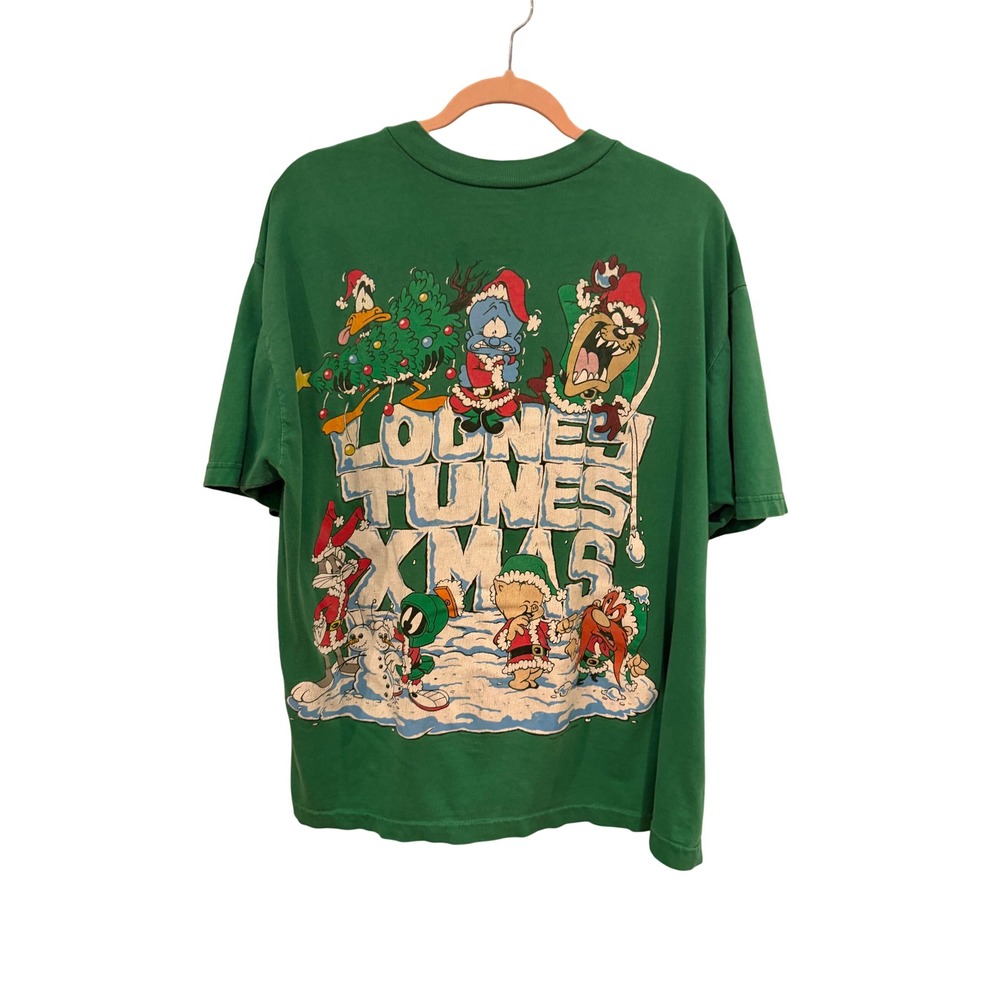 Vintage 1993 Looney Tunes Xmas T-Shirt Green Trend Basics Warner Bros 90s